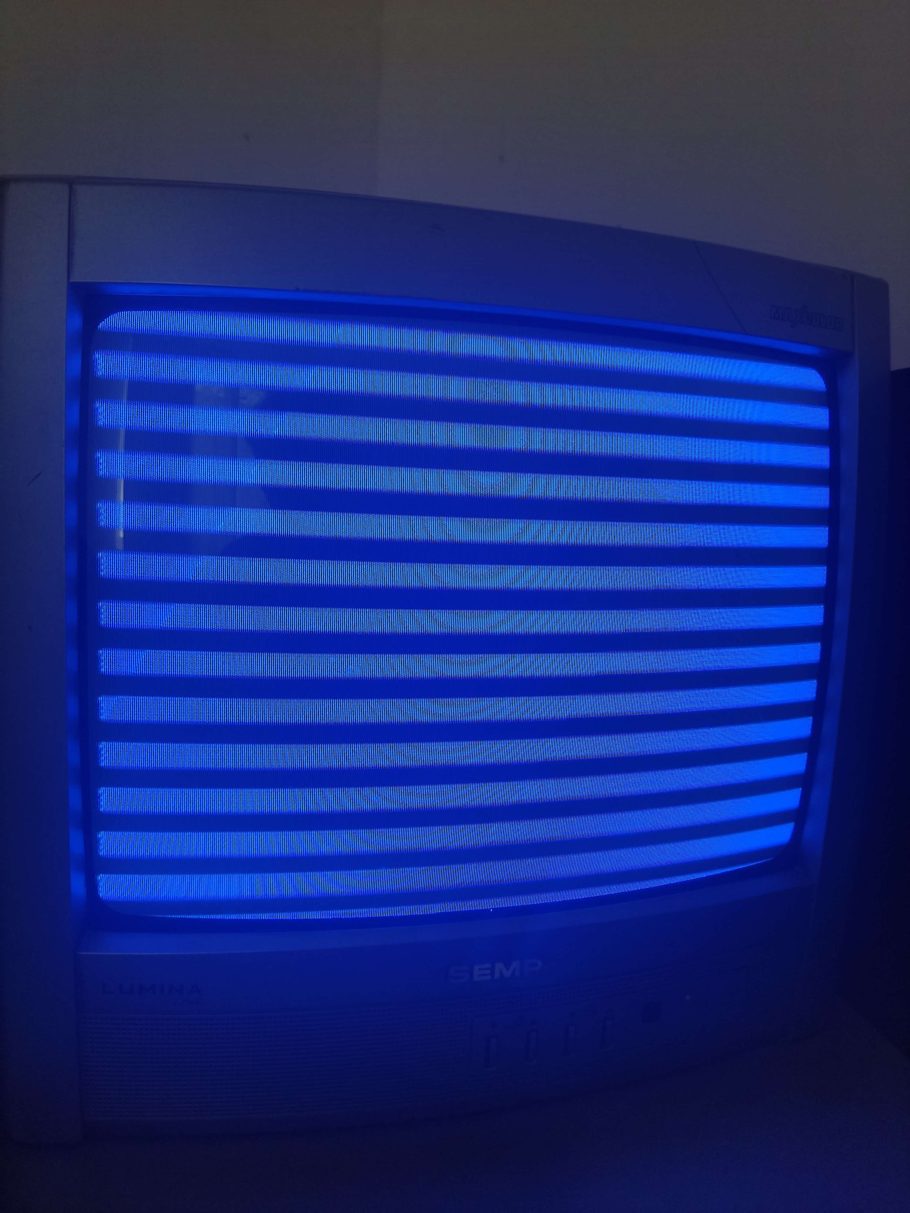 An image of a CRT TV with blue and black horizontal stripes.